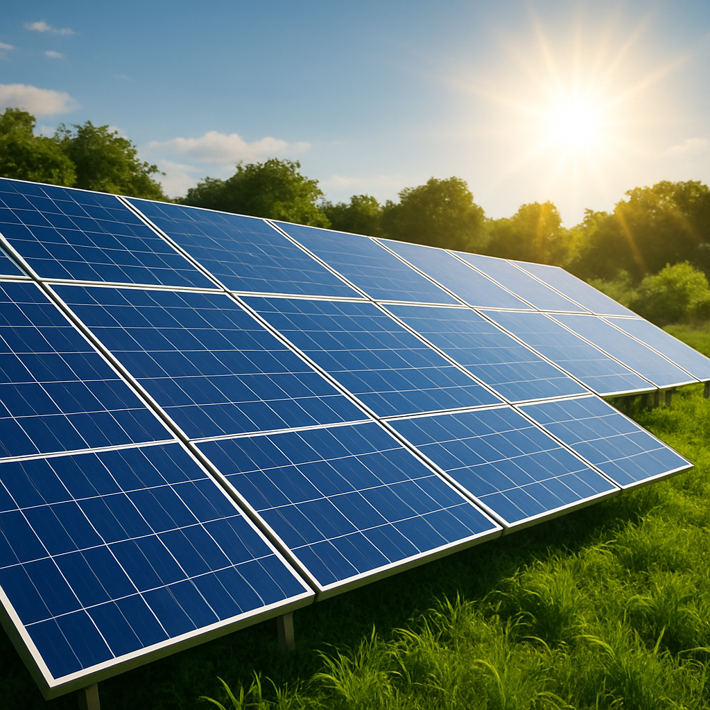 Solar panels in green field representing clean energy generation